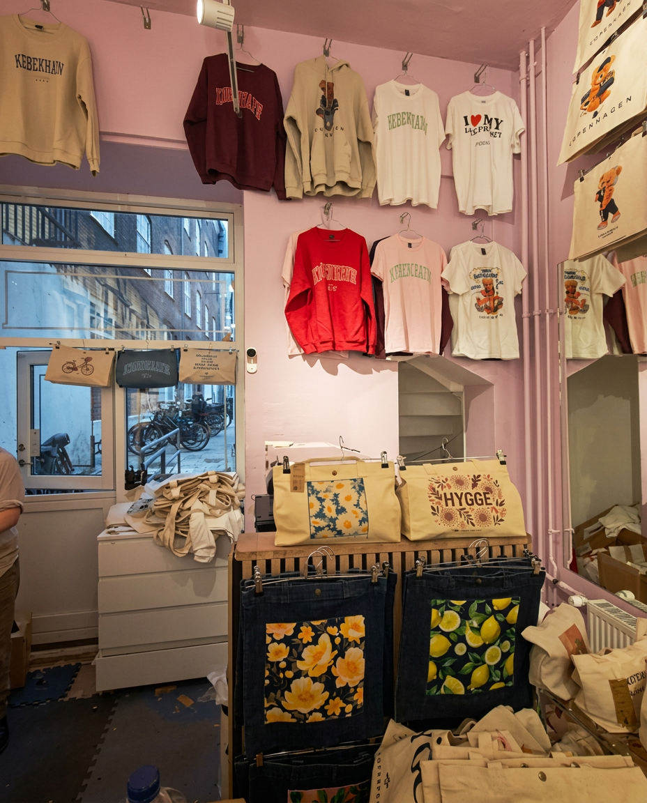 Butikkens lyserøde vægge med sweatshirts og stofposer