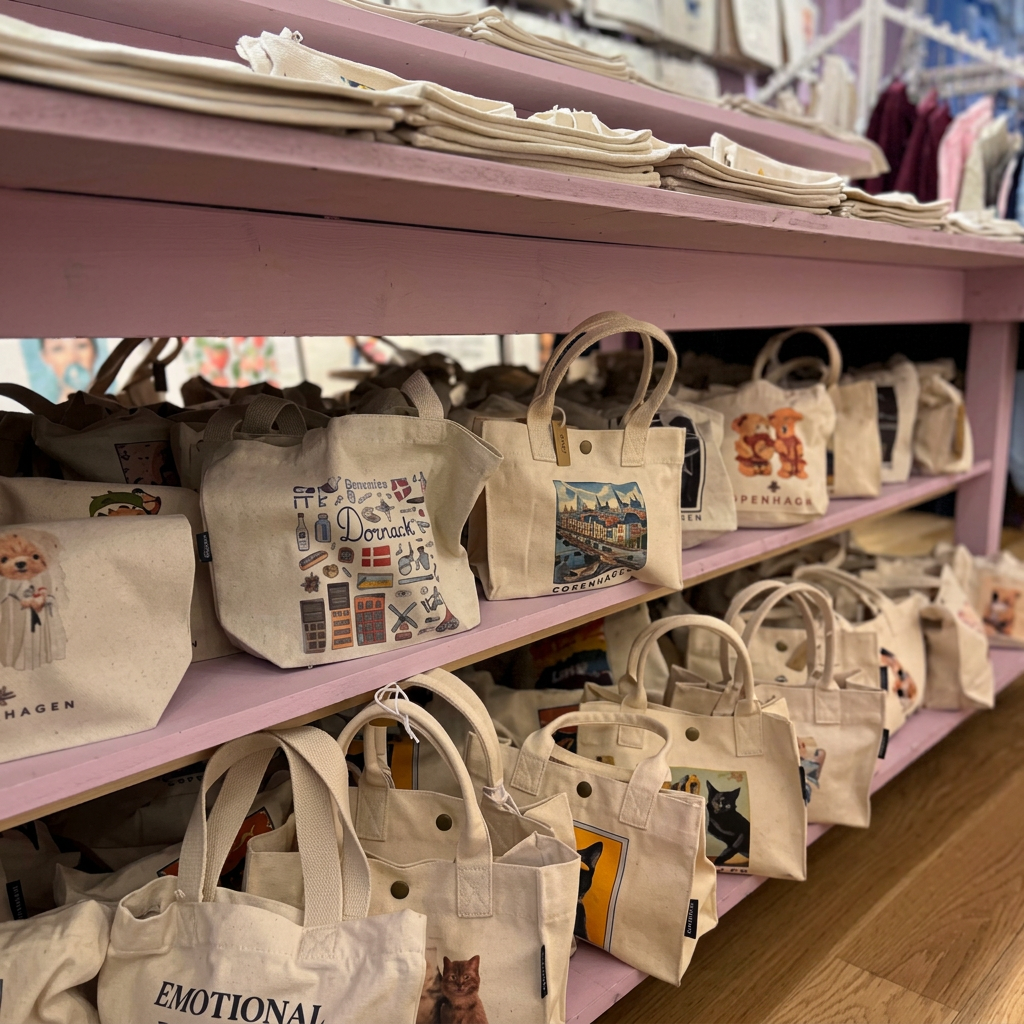 Hylde fyldt med håndsyede stofposer med motiver